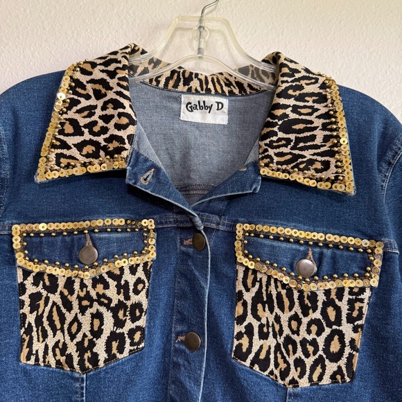 Vintage Gabby D Studded Leopard Western Jacket Women's Medium Blue Denim‎ Sequin - Picture 2 of 11